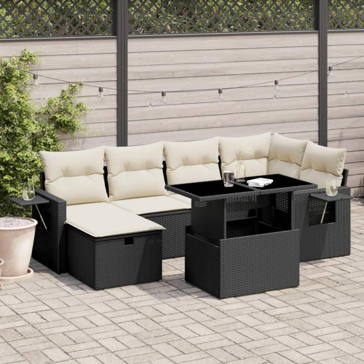 VIDAXL Salon de jardin 7 pcs avec coussins noir resine tressee