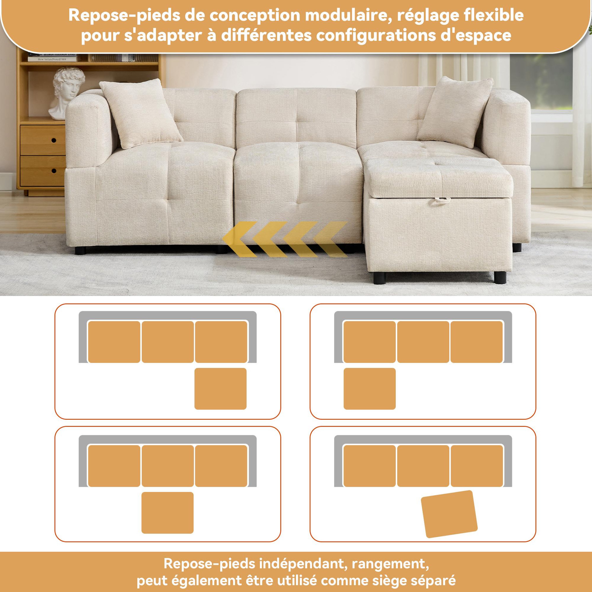 Voir la diapositive 5 : MERAX Canapé d'angle réversible fixe 3 pl tissu beige coffre de rangement