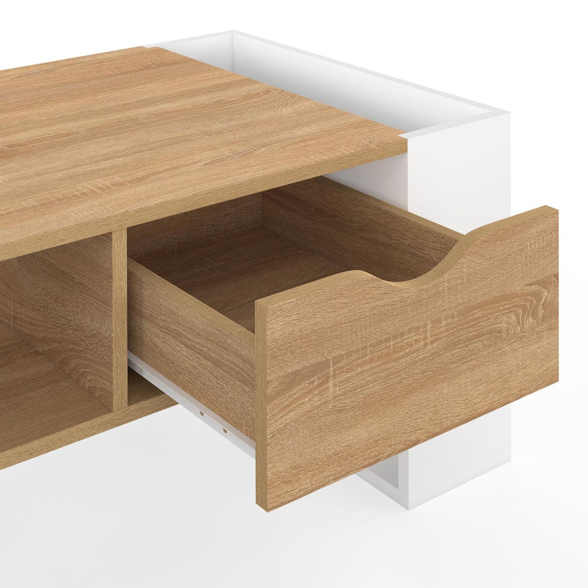 ID MARKET Table basse rectangulaire BERYL avec tiroir bois blanc et façon hêtre