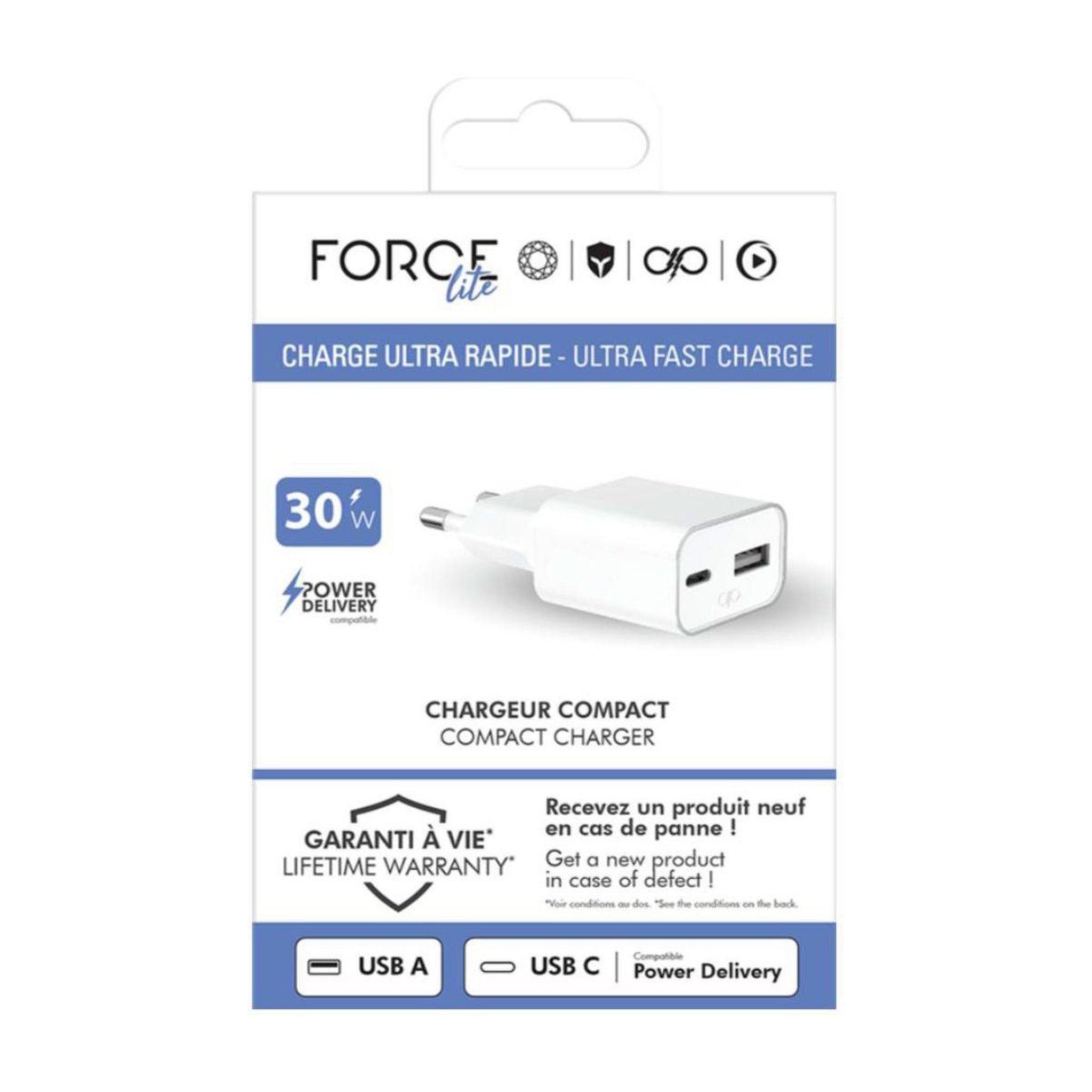 Voir la diapositive 3 : FORCE POWER Chargeur 30w usb-a + usb-c gan b lanc recyclé