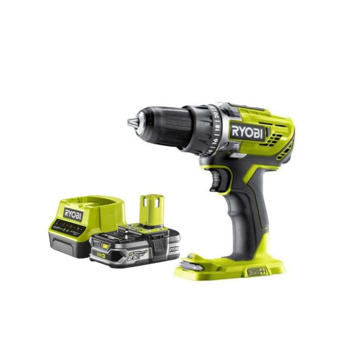 Ryobi Pack RYOBI 18V Perceuse-visseuse One+ R18DD3-0 - 1 Batterie 2.5Ah - 1 Chargeur rapide RC18120-125