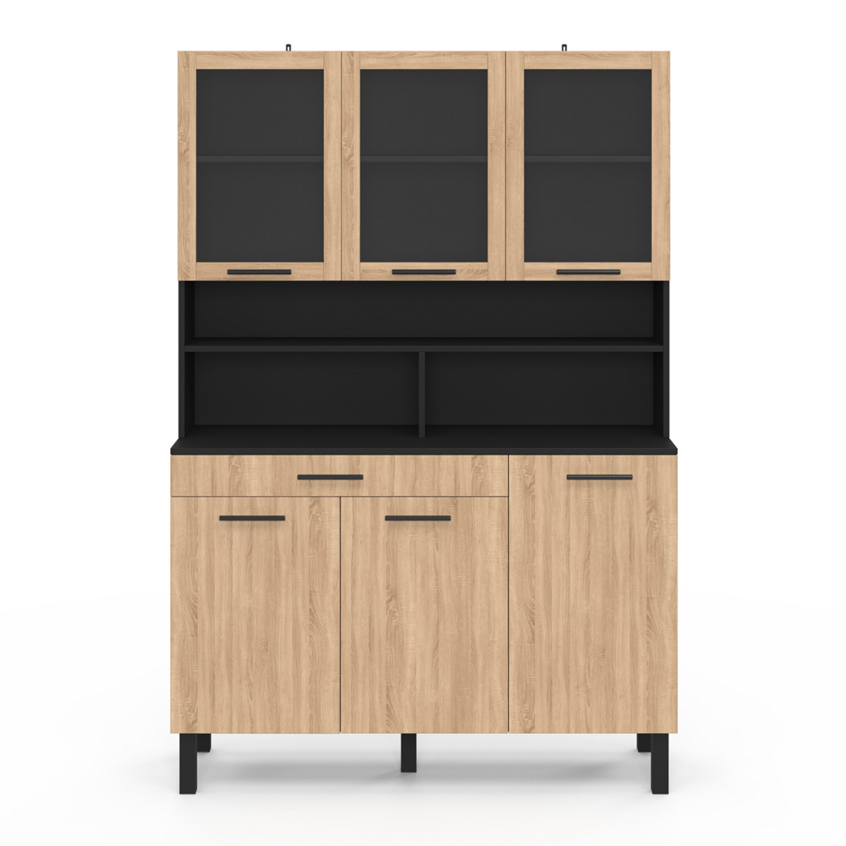 ID MARKET Buffet de cuisine vitré 120 CM CINA 6 portes + tiroir noir et façon hêtre