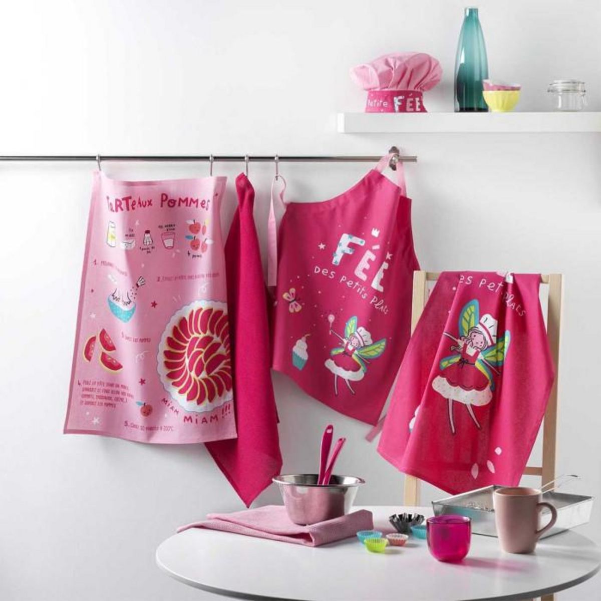 Paris Prix Lot de 2 Torchons Enfant  Mini Fée  50x70cm Rose