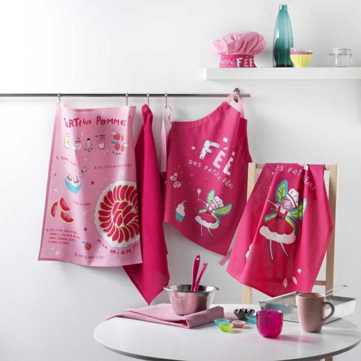 Paris Prix Lot de 2 Torchons Enfant  Mini Fée  50x70cm Rose