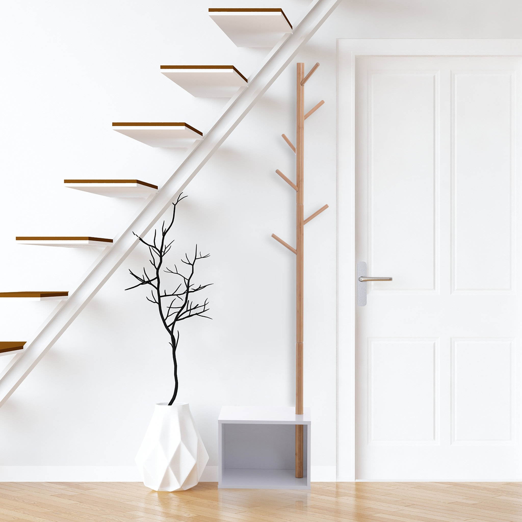 Voir la diapositive 2 : HOMCOM HOMCOM Meuble rangement porte-manteaux 2 en 1 design contemporain cosy dim. 40L x 30l x 180H cm MDF blanc bois massif bambou