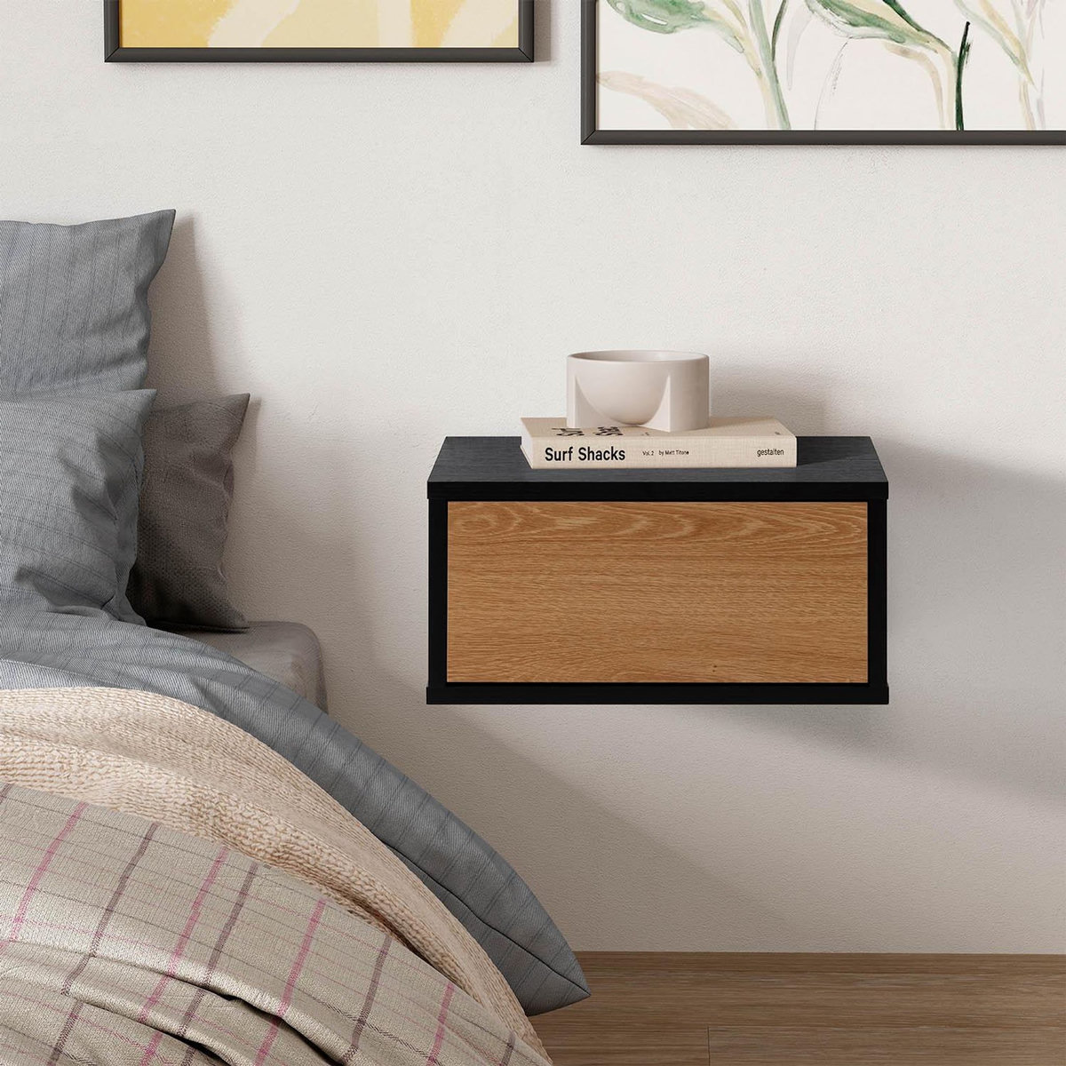 VS VENTA-STOCK Ensemble 2 tables de chevet flottantes Apolo 1 tiroir couleur Noir