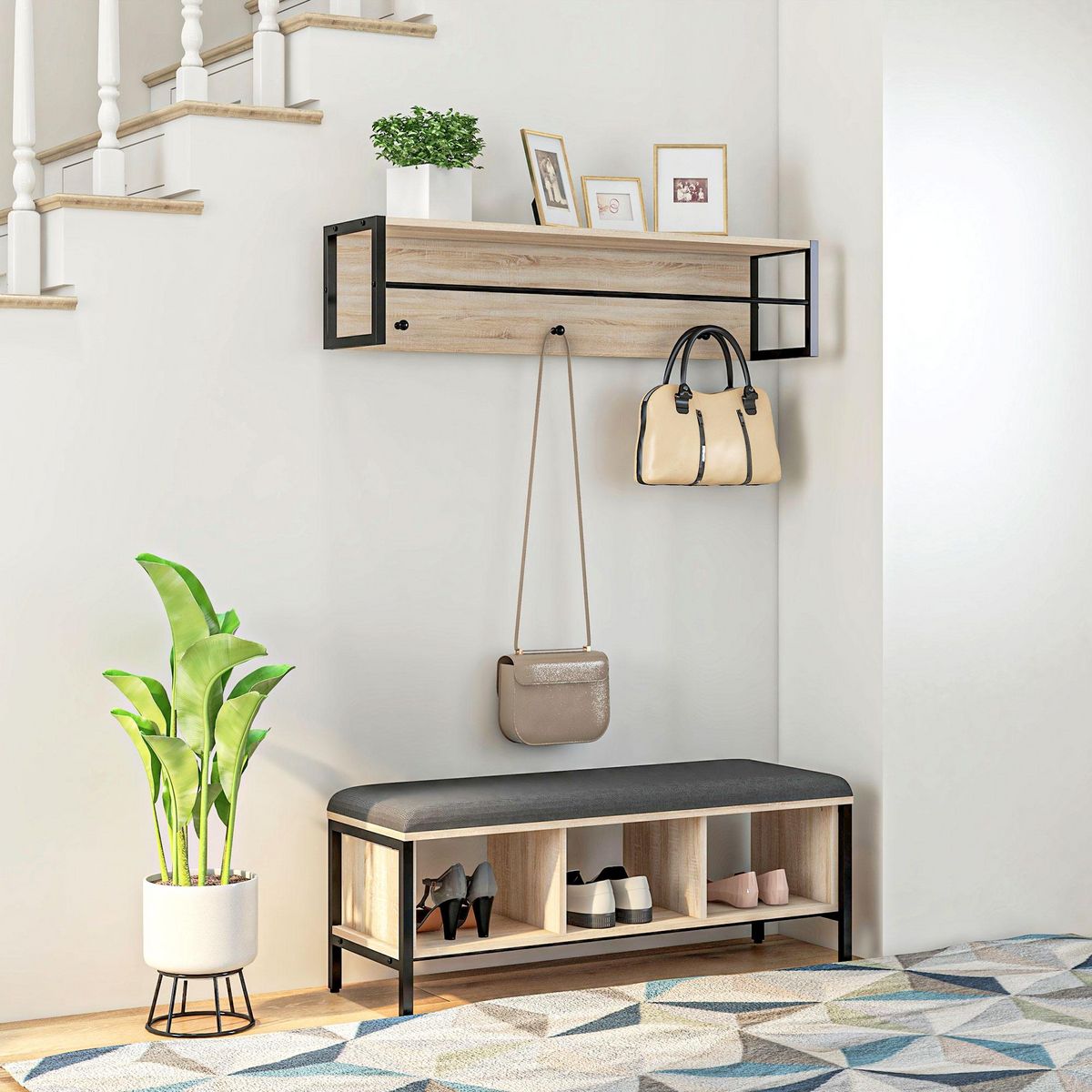 HOMCOM Porte-manteau mural vestiaire d'entrée banc à chaussures 3 compartiments 3 patères barre penderie acier noir aspect chêne clair