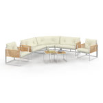 ID MARKET Salon de jardin bas RIO 8 places salon d'angle structure métal blanc et cordage effet rotin avec coussins beiges