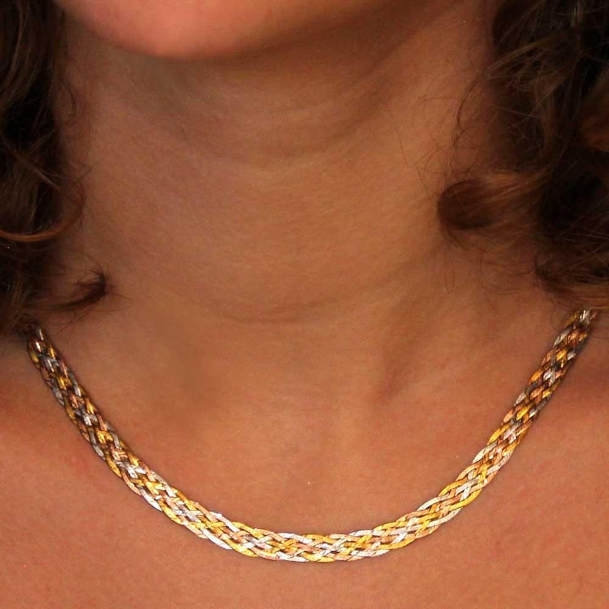 L'ATELIER D'AZUR Collier Tresse Trois Ors - Or Tricolore Jaune, Blanc et Rose - Femme