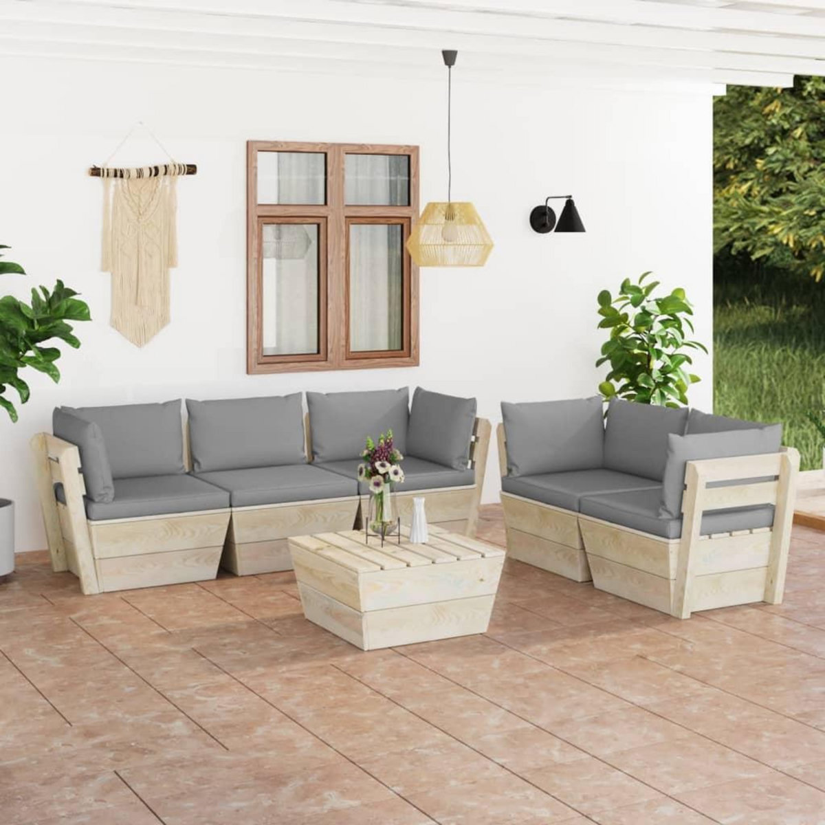 VIDAXL Salon de jardin palette 6 pcs avec coussins bois d'epicea