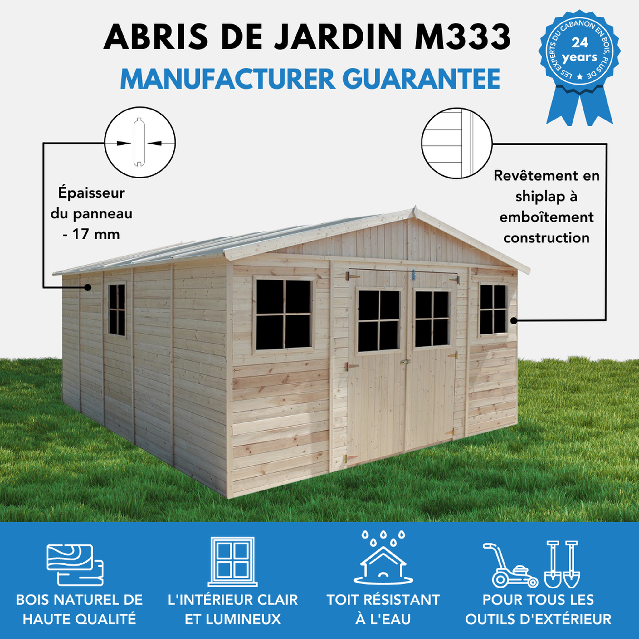 Voir la diapositive 6 : TIMBELA Abri de jardin en bois Exterieur avec plancher imprégné Construction de Panneaux M333 +M333G