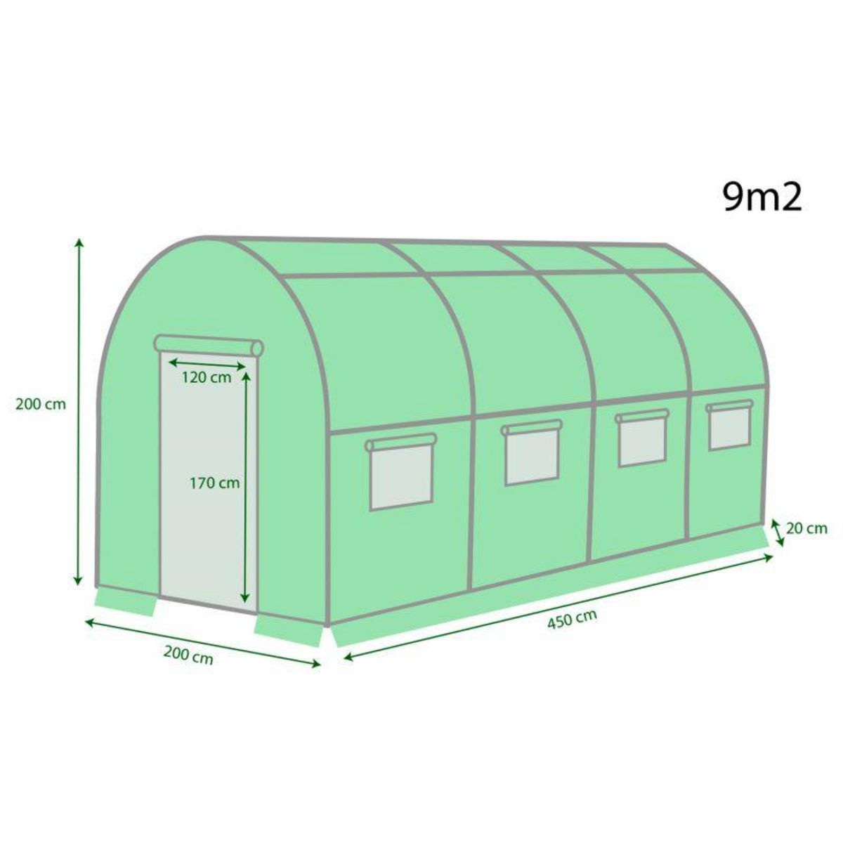 EUROSPEN Serre de Jardin Tunnel 9m² - bâche armée - avec fenêtres latérales et porte zipée