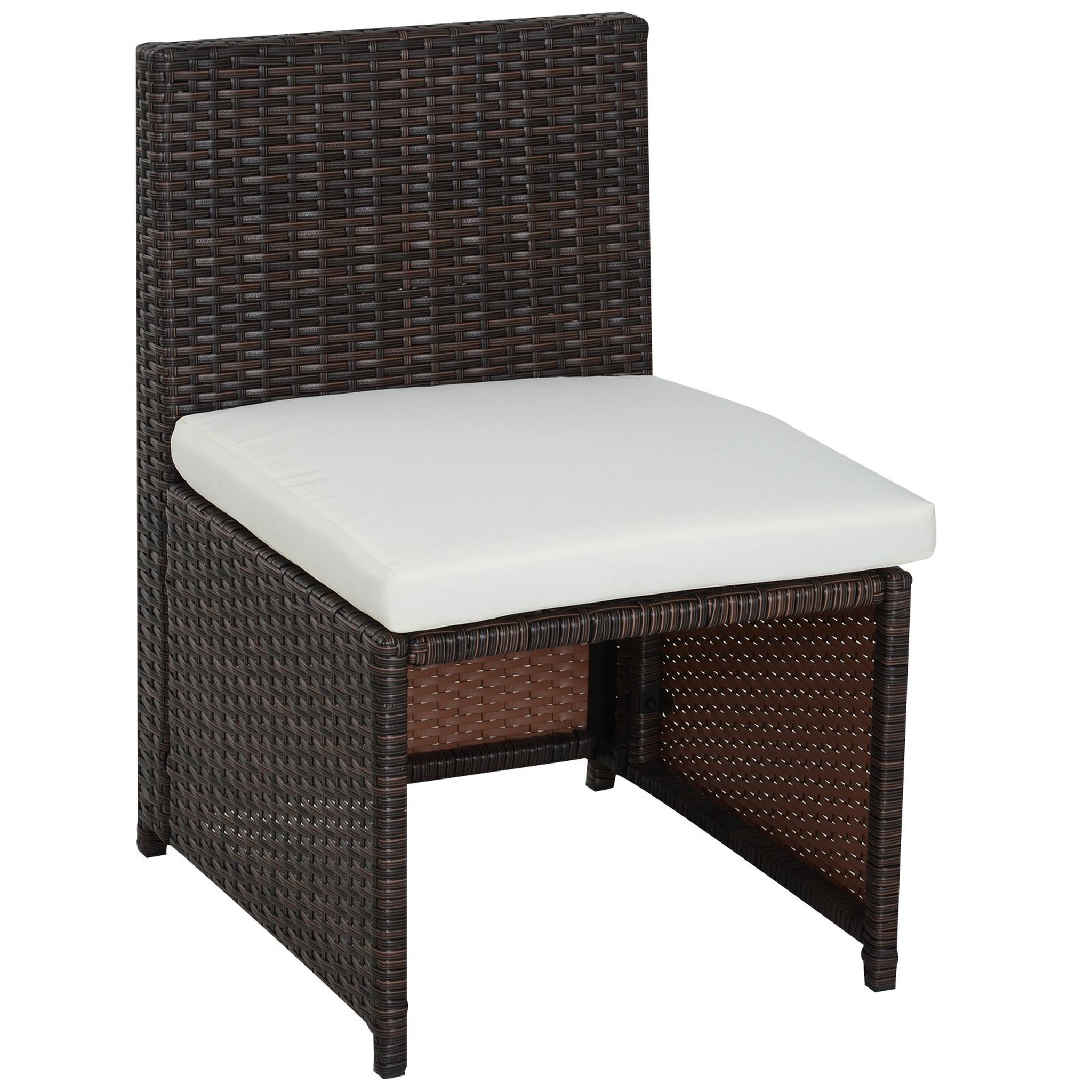 Voir la diapositive 6 : OUTSUNNY Ensemble salon de jardin encastrable 4 chaises monoblocs avec coussins déhoussables et table résine tressée chocolat