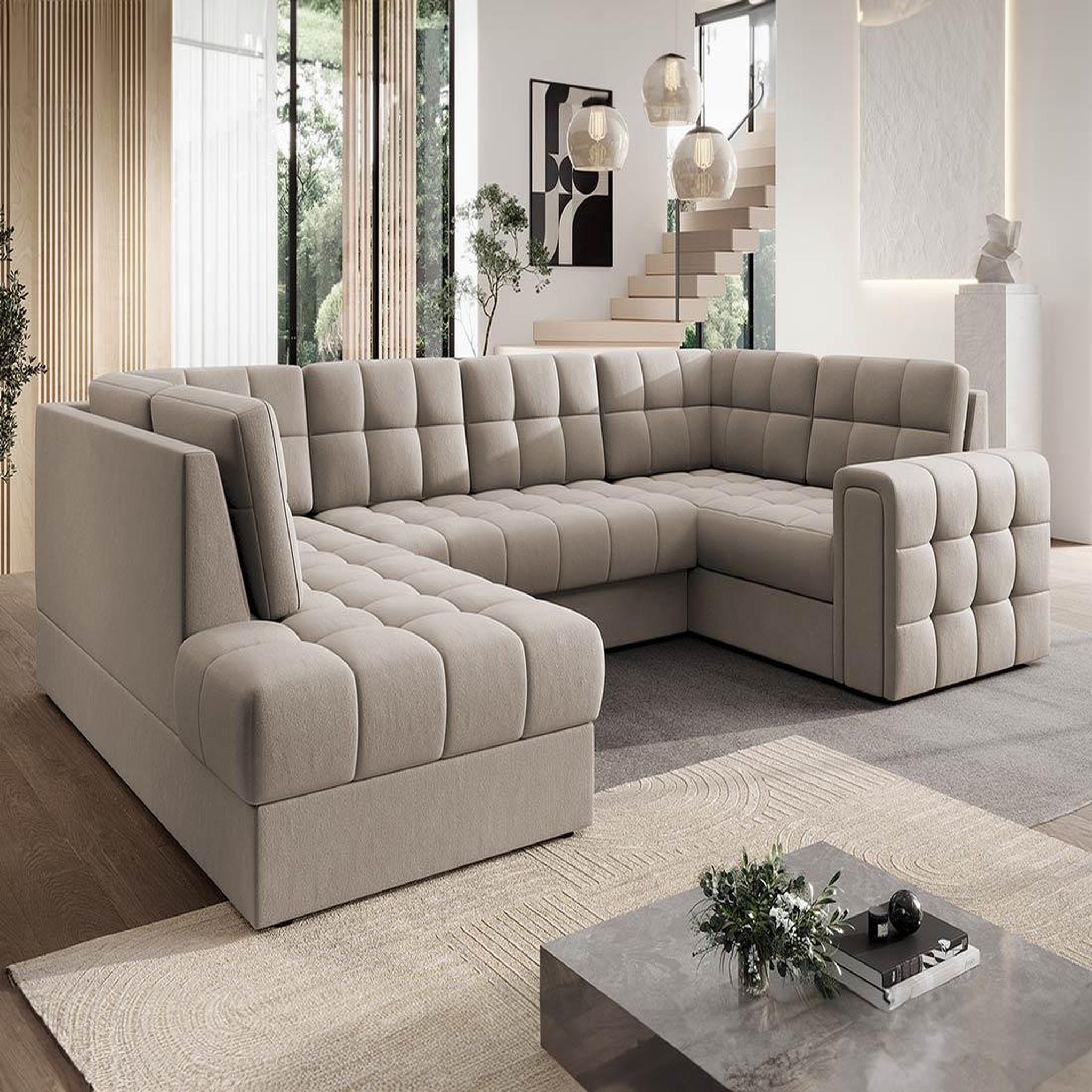 BEST MOBILIER Nappa - canapé panoramique d'angle droit 7 places convertible avec coffre en velours. Coloris disponibles : Beige, Gris