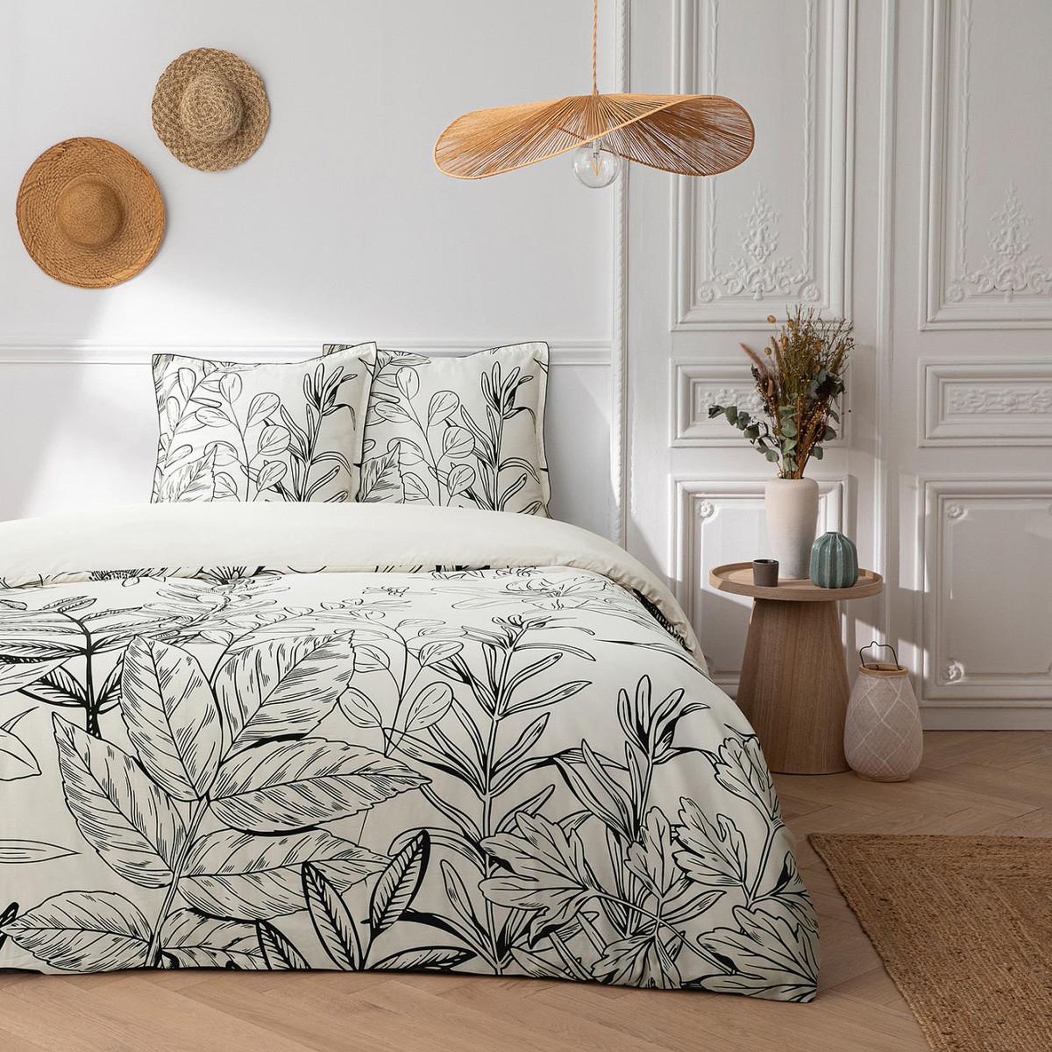 FUTURE HOME Parure de lit 2 personnes en satin de coton imprimé végétal. Coloris disponibles : Beige