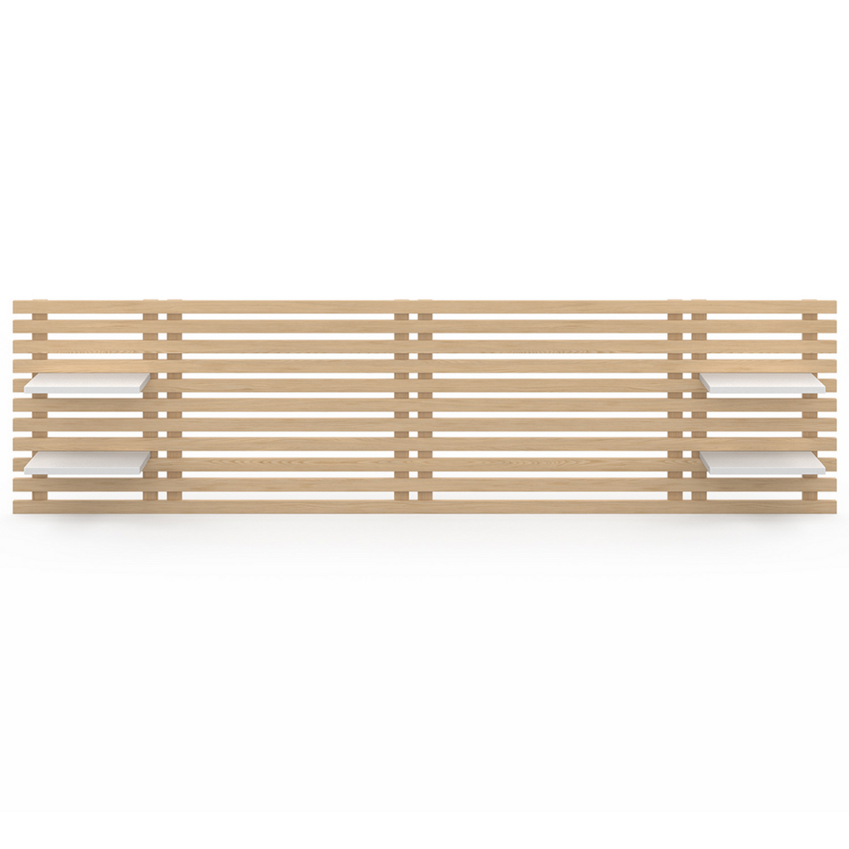 ID MARKET Tête de lit suspendue en lattes AVA 240 cm bois clair et étagères blanches