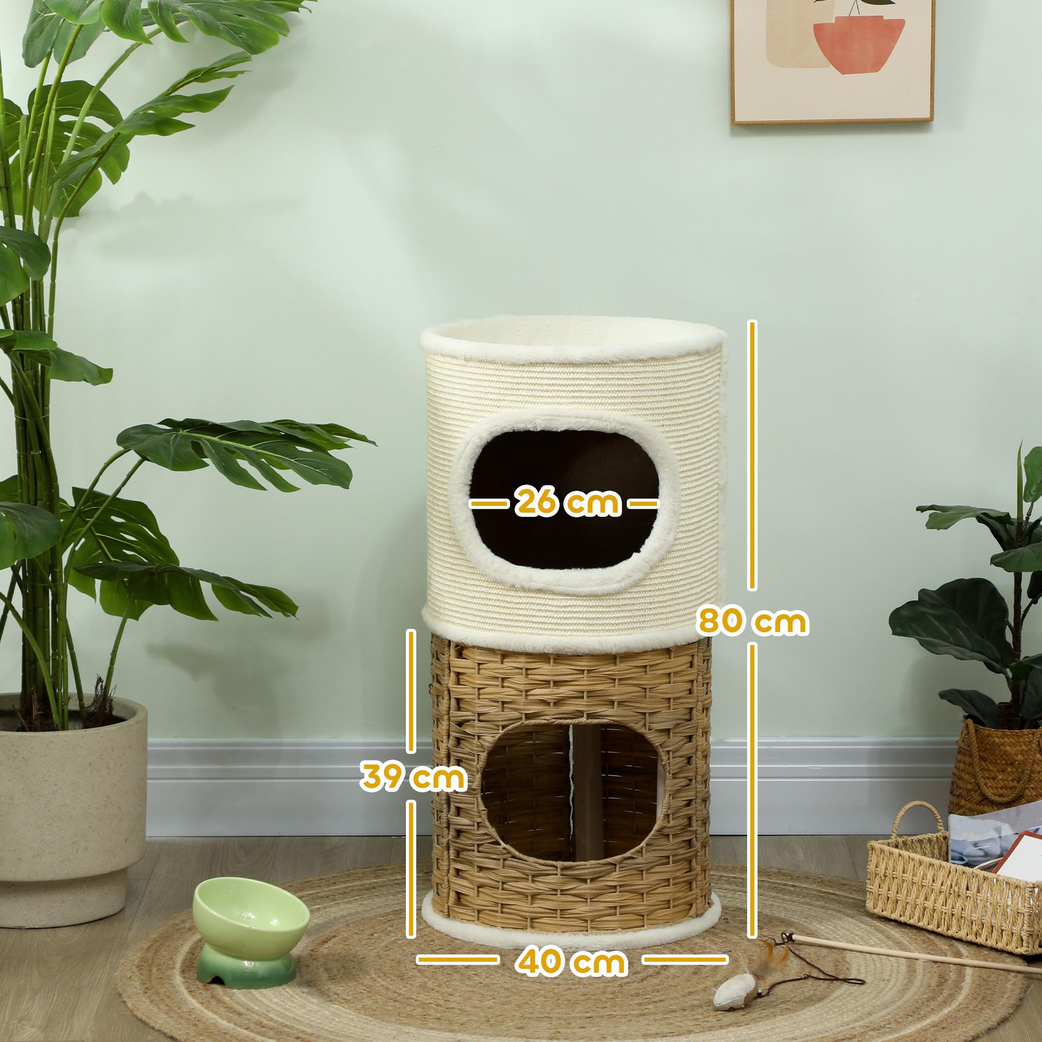 Voir la diapositive 3 : PAWHUT Tour à griffer pour chat 3 niveaux - 2 niches, panier observation- h.75,5 cm - résine tressée sisal