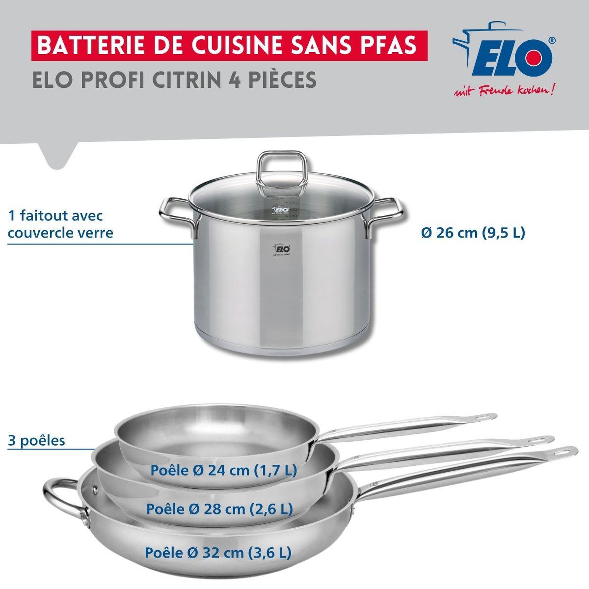 Voir la diapositive 2 : ELO Ensemble de 3 poêles de cuisson 24, 28 et 32 cm et 1 faitout 26 cm elo profi citrin