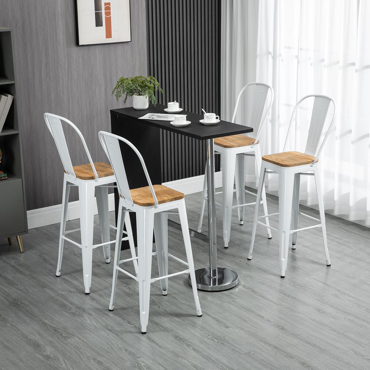 HOMCOM Lot de 4 tabourets de bar industriel avec dossier repose-pied hauteur assise 76 cm acier blanc bois d'orme