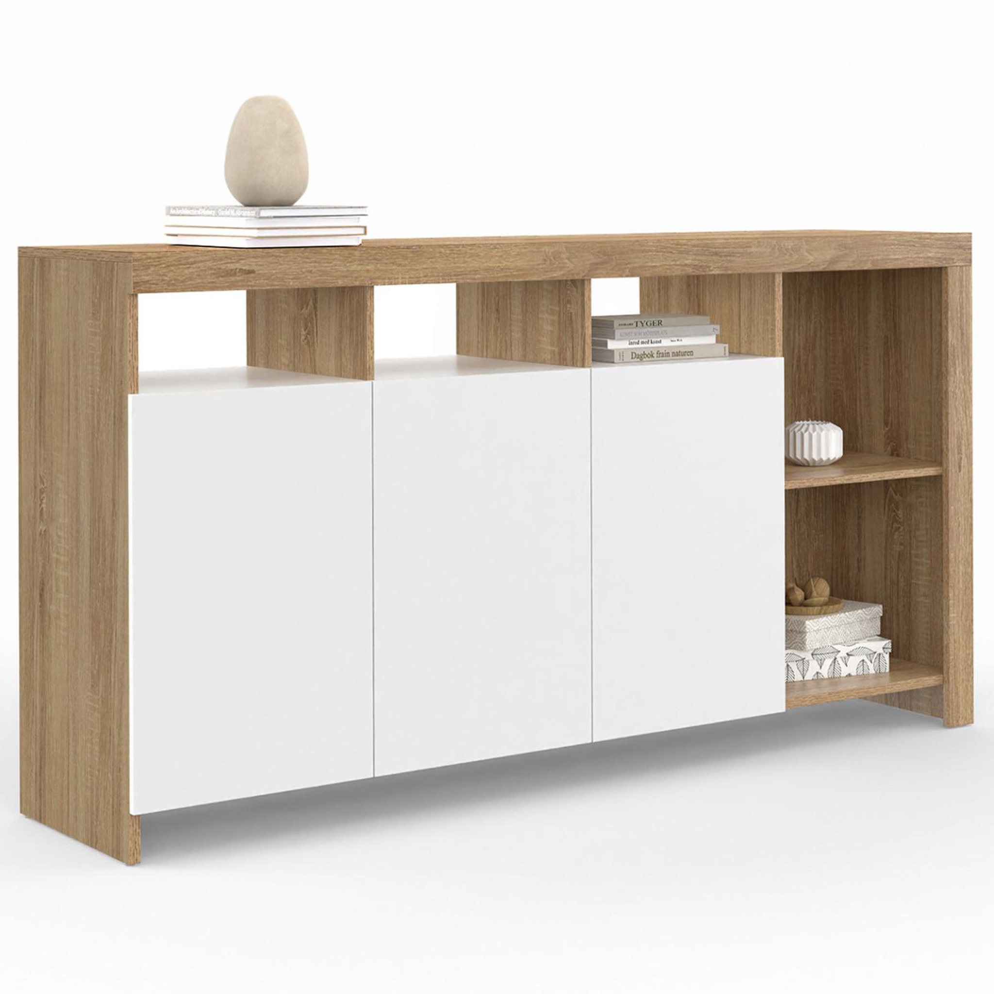 Voir la diapositive 1 : ID MARKET Buffet 140 cm MALO bois façon hêtre et portes blanches