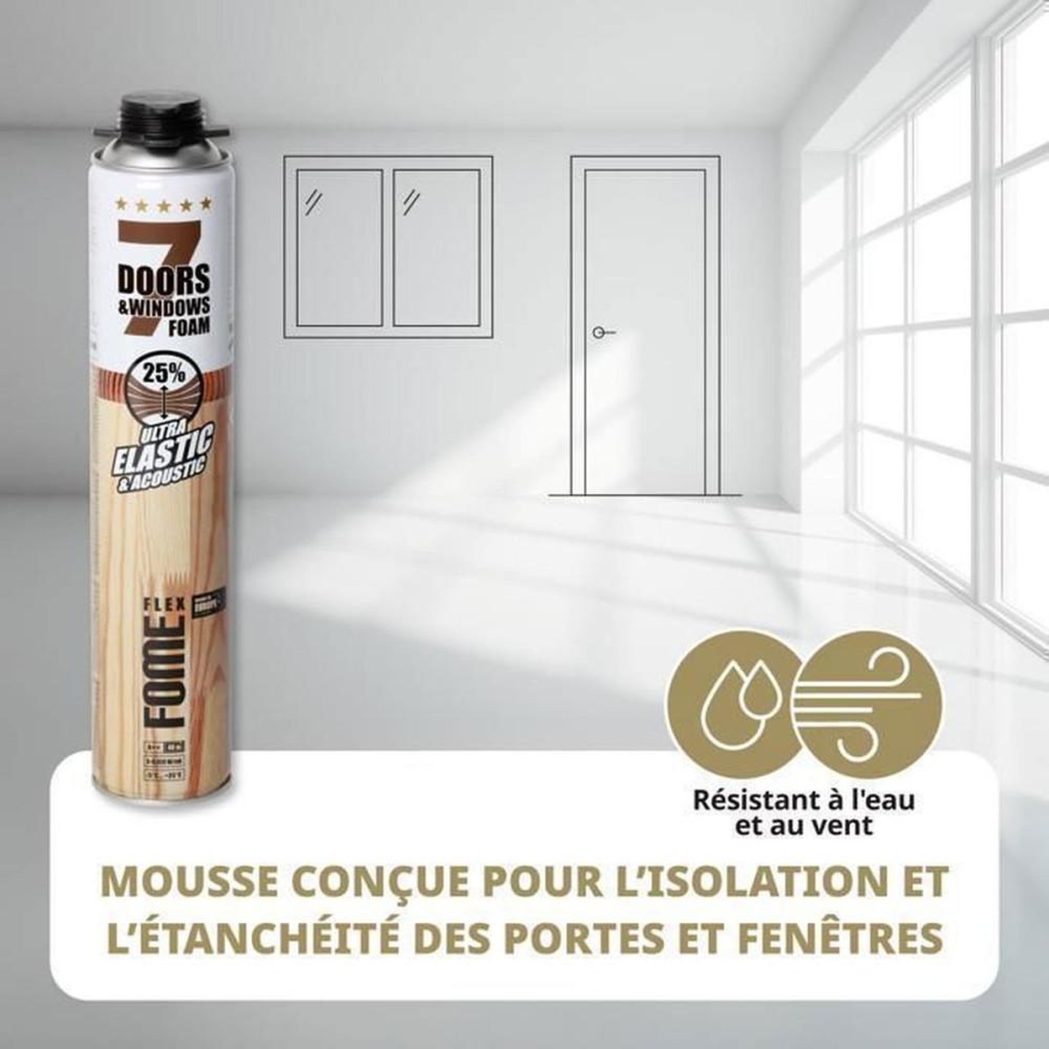 Voir la diapositive 3 : Mousse polyuréthane élastique monocomposant pour pistolet, faible expansion, 25% de mouvement, isolation et étanchéité portes-fenêtres, 750 ml