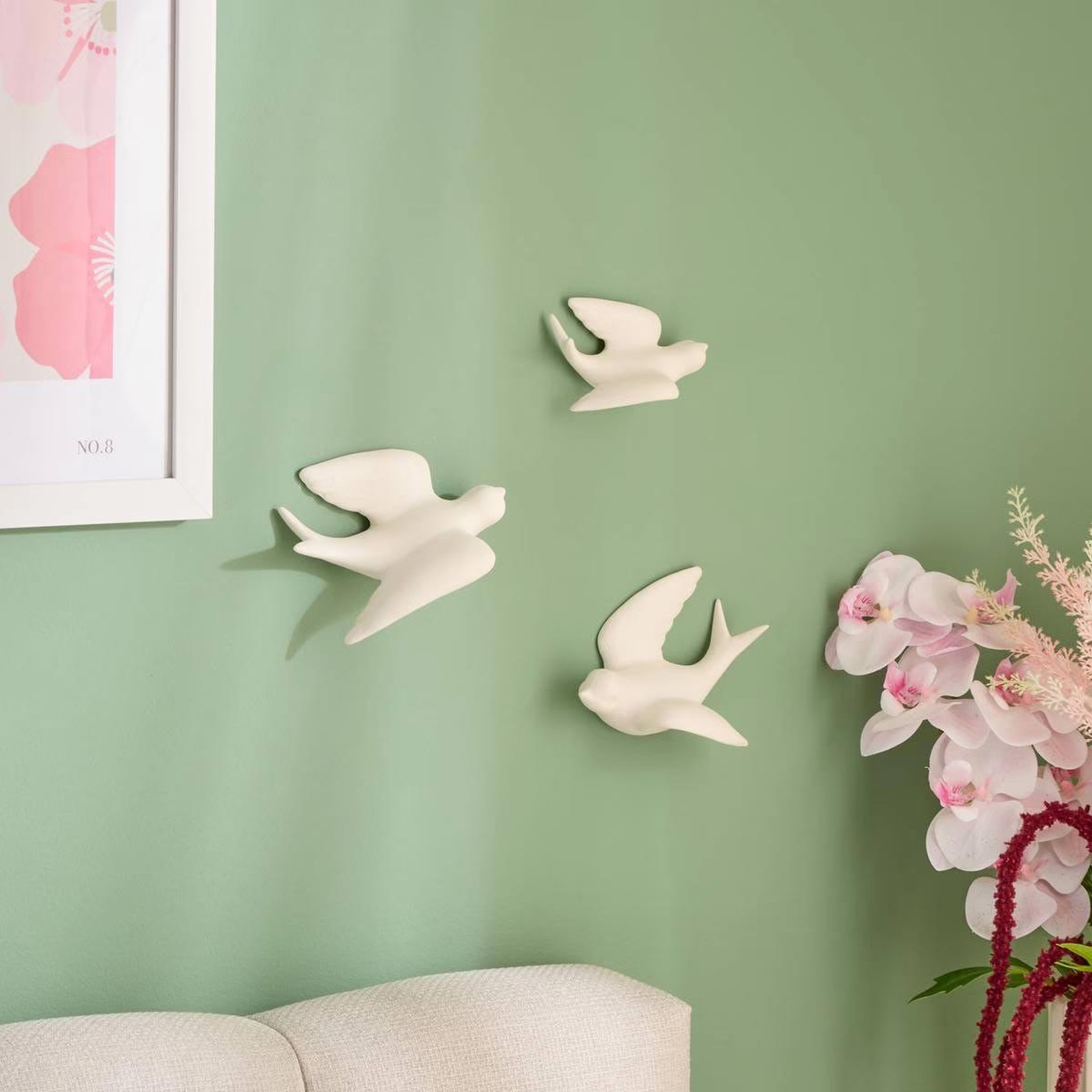 Voir la diapositive 3 : ATMOSPHERA Lot de 3 déco murales oiseaux  annie  15cm blanc