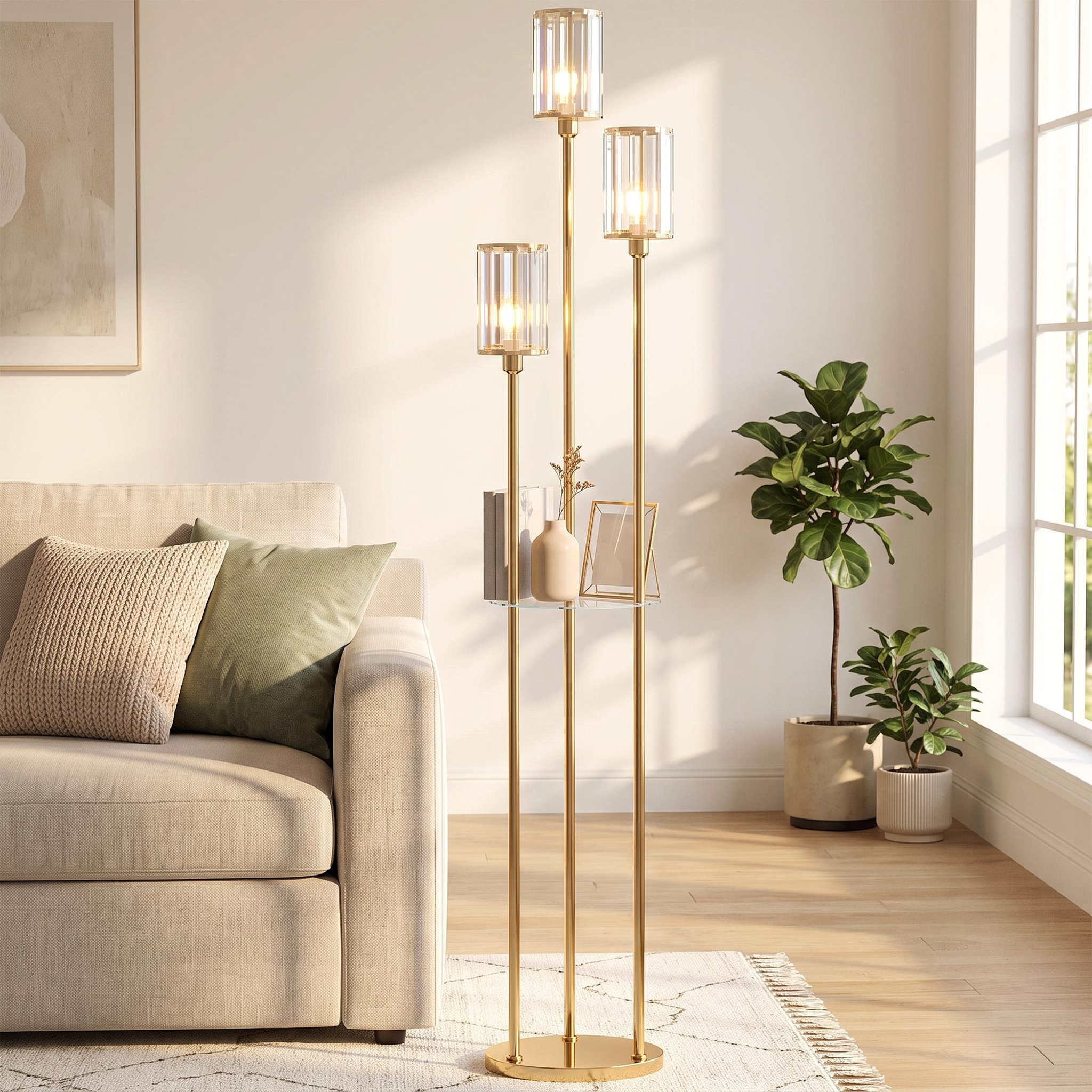 Voir la diapositive 2 : HOMCOM Lampadaire étagère style Art déco 3 abat-jours lanternes métal doré verre