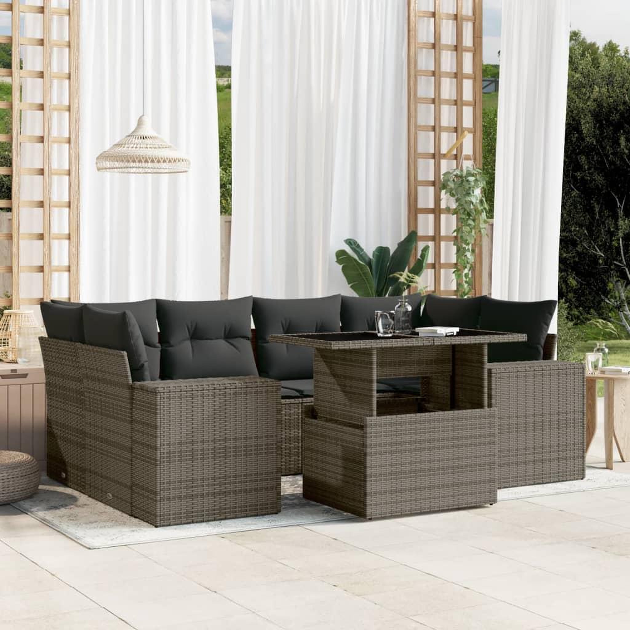 VIDAXL Salon de jardin avec coussins 7 pcs gris resine tressee