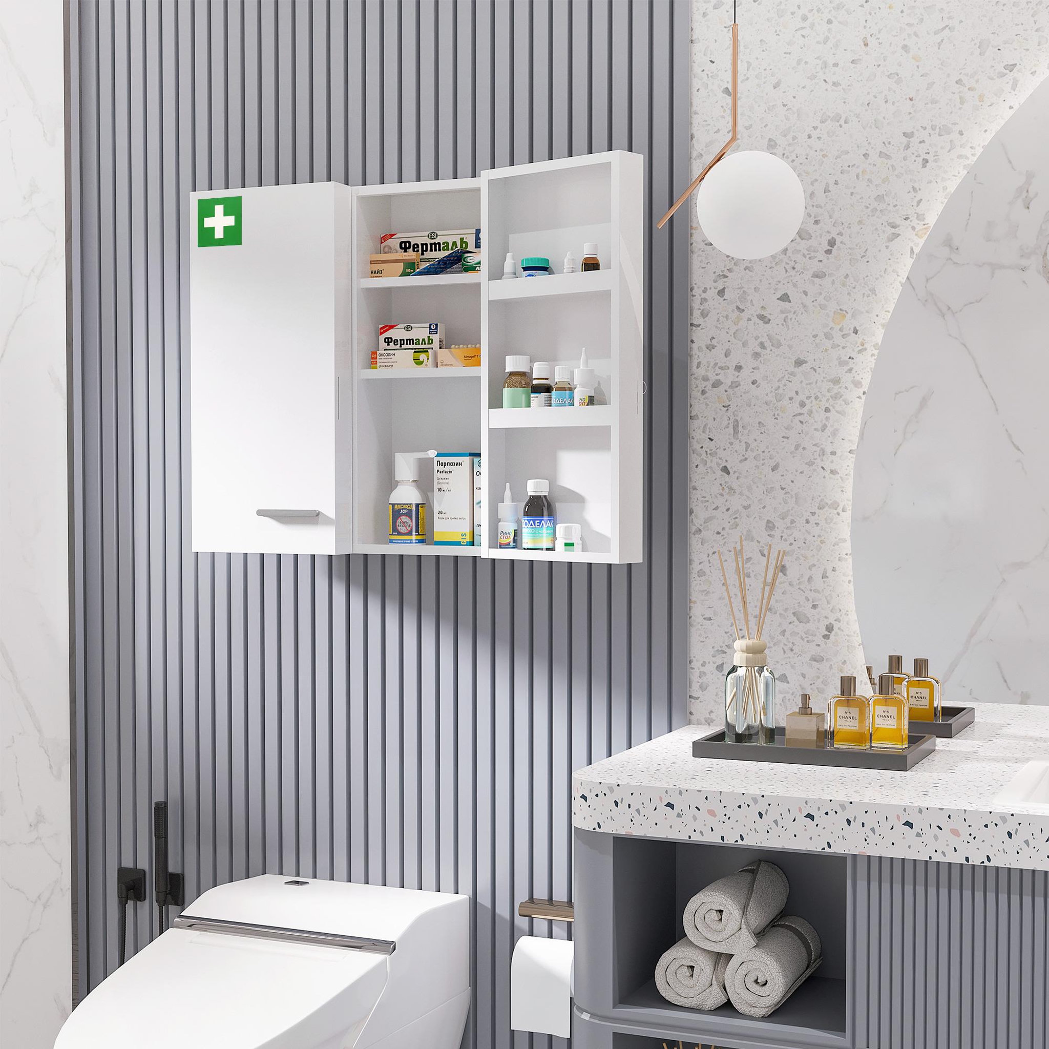 Voir la diapositive 4 : KLEANKIN Armoire à pharmacie murale verrouillable 2 portes 6 étagères 6 compartiments dim. 55 x 18 x 60 cm acier blanc
