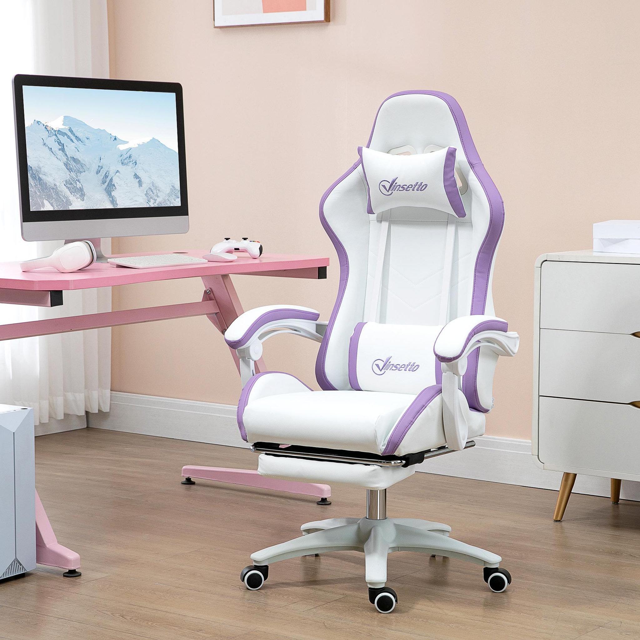 Voir la diapositive 2 : VINSETTO Chaise de bureau gaming - inclinable, pivotant, réglable - coussins lombaires têtière inclus - mauve blanc