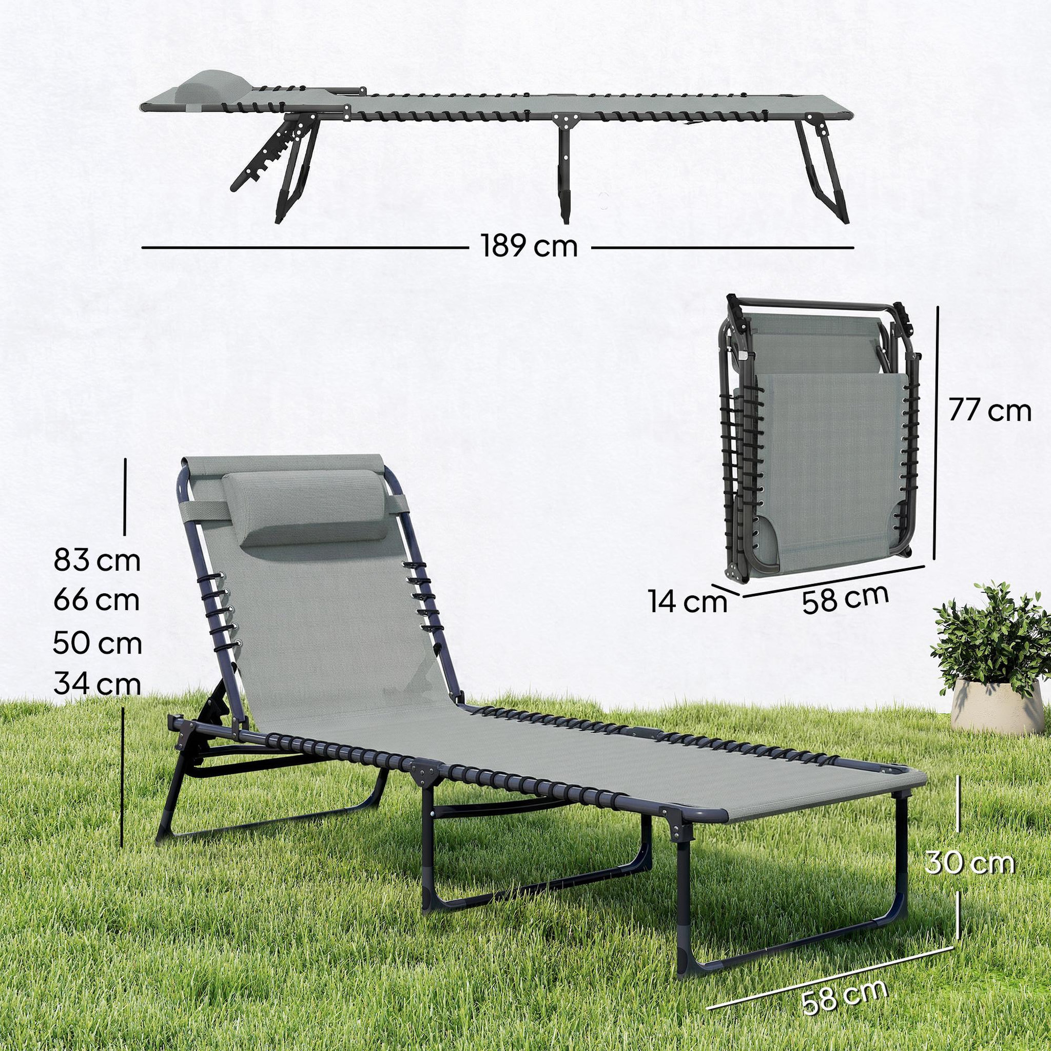 Voir la diapositive 3 : OUTSUNNY Bain de soleil transat pliable dossier inclinable multi-positions acier thermoplastique lacets élastiques noir textilène gris clair