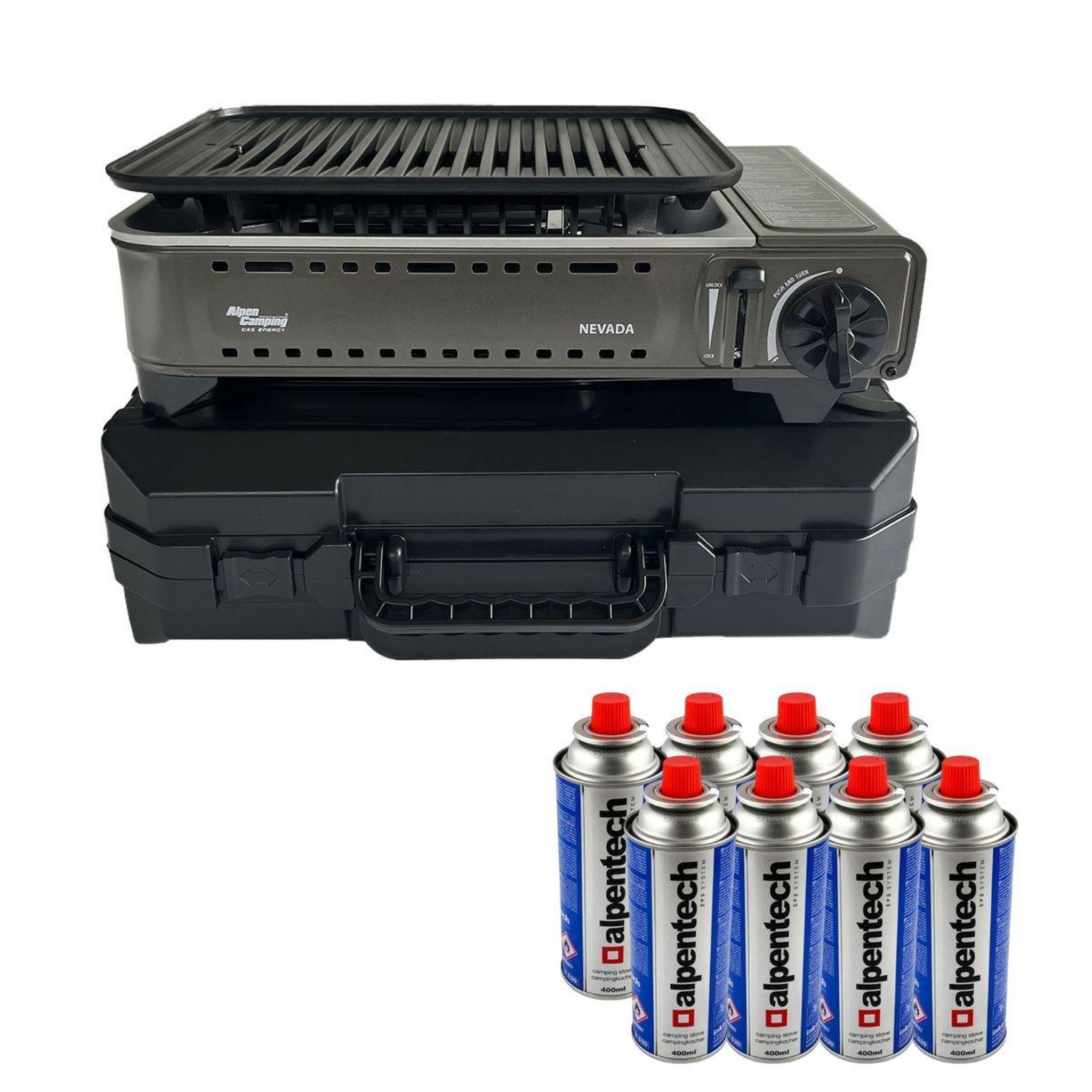 ALPENTECH Barbecue à gaz portable grill 1780w + 8 cartouches gaz butane allumage piezo + mallette camping alpen