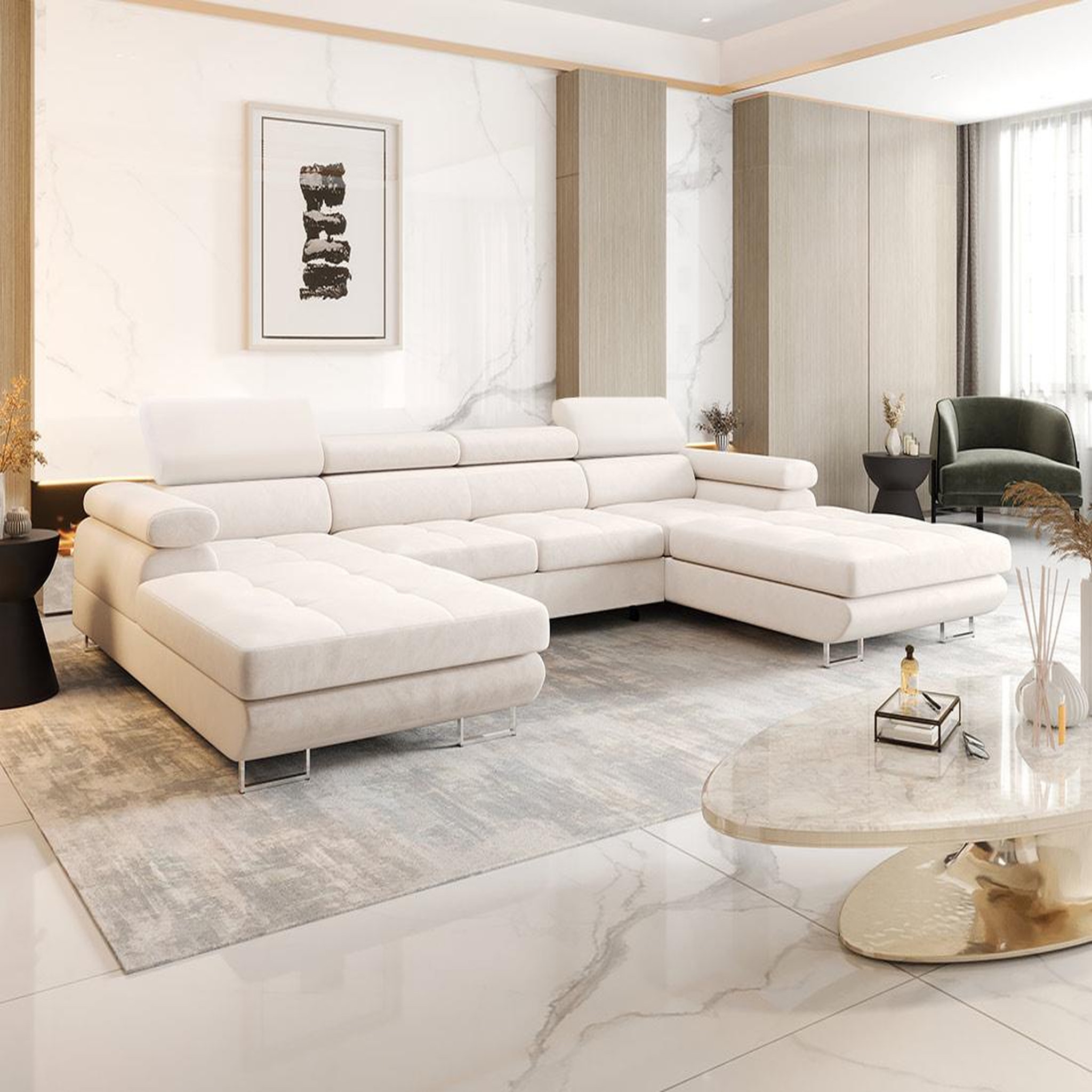 Voir la diapositive 2 : BEST MOBILIER Ayden - canapé panoramique en u 7 places convertible avec coffre et têtières réglables en tissu