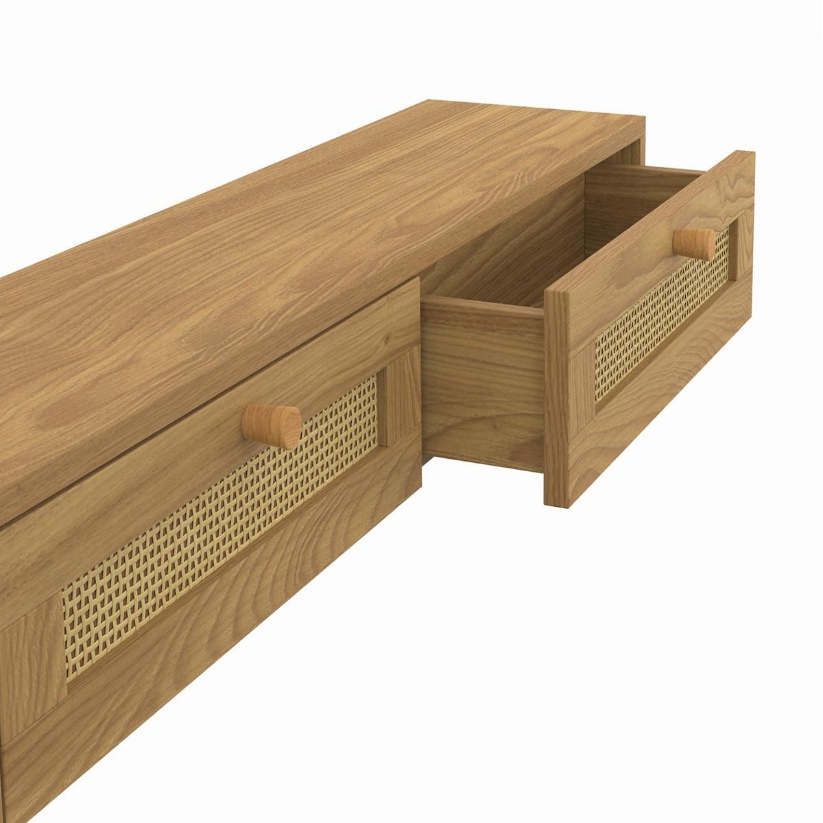 ID MARKET Etagère murale console d'entrée HANAE 2 tiroirs effet naturel cannage