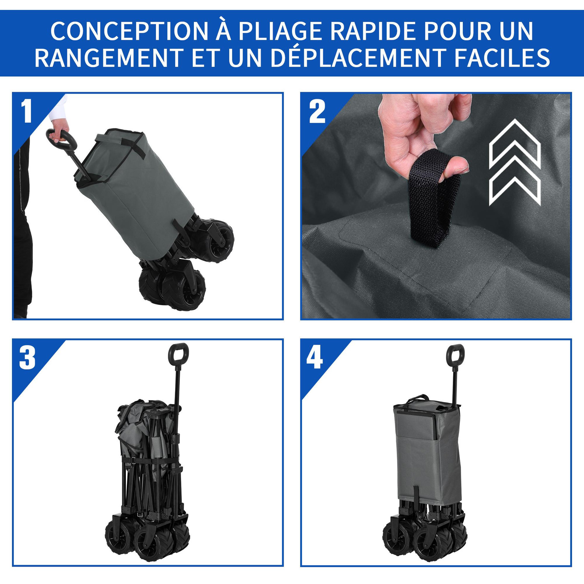 Voir la diapositive 5 : OUTSUNNY Chariot de transport pliable à roulettes - poignée télescopique - max. 70 Kg - métal noir oxford gris