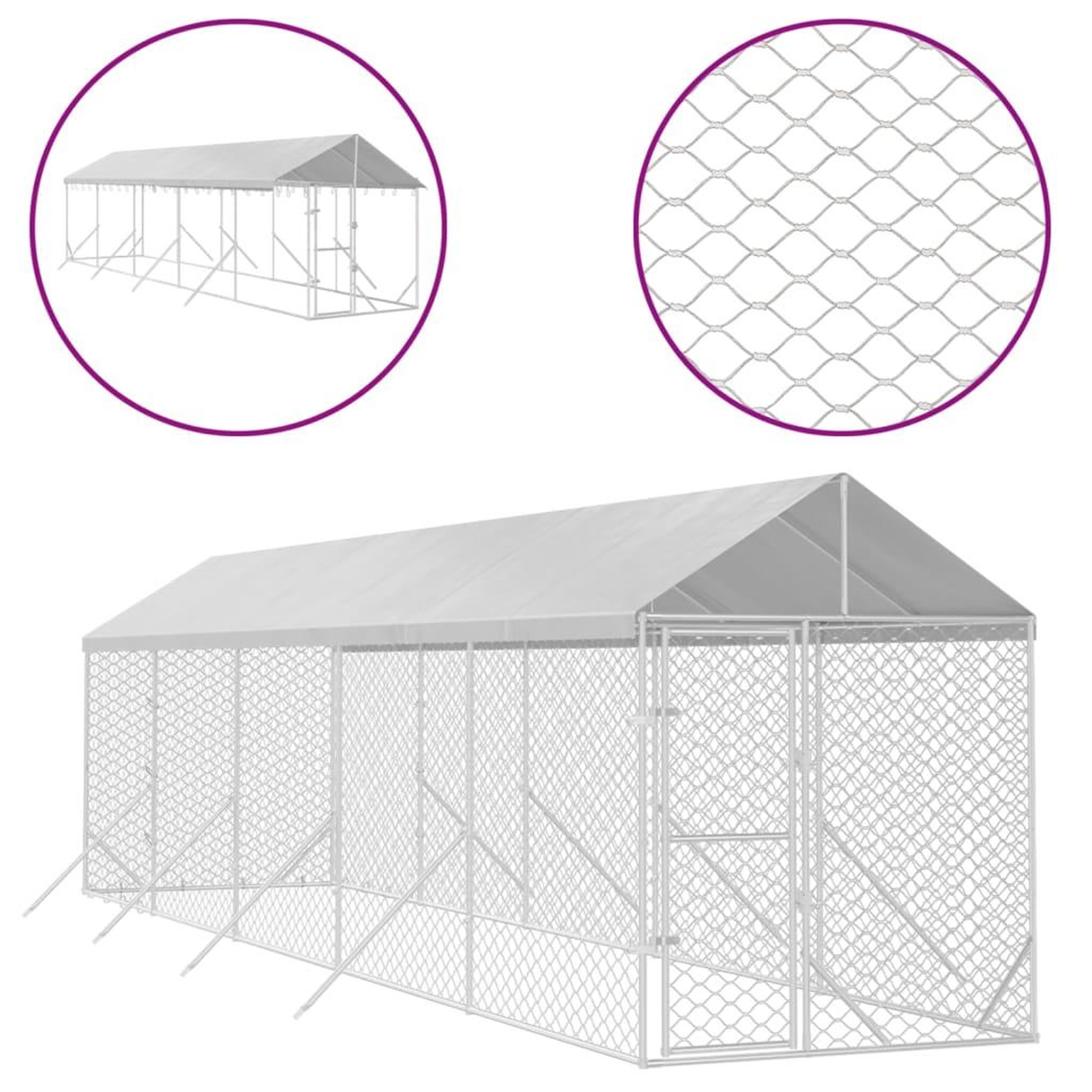 Voir la diapositive 2 : VIDAXL Chenil d'exterieur pour chiens avec toit argente 2x10x2,5 m