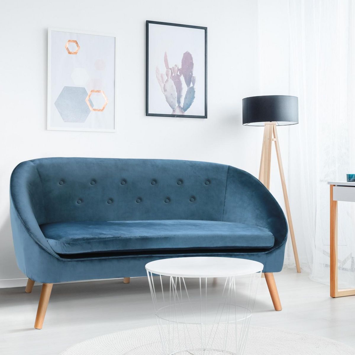 ID MARKET Canapé banquette en velours SONIA bleu