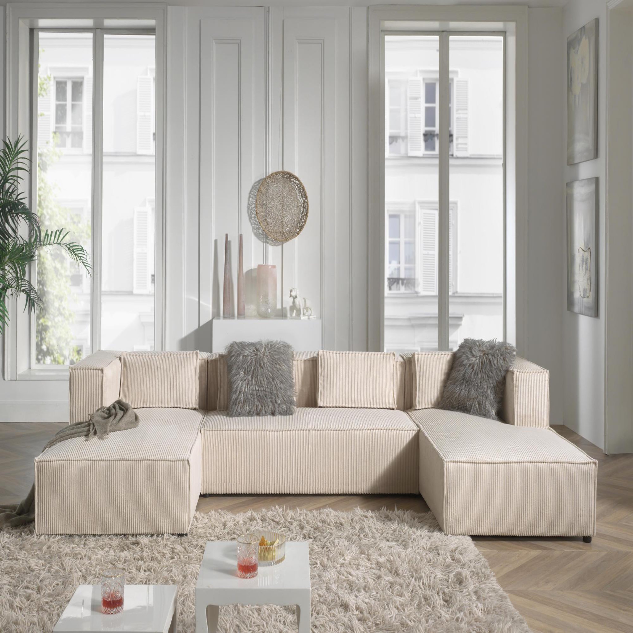 Voir la diapositive 2 : BEST MOBILIER Stella - canapé panoramique en u - 7 places - en velours côtelé