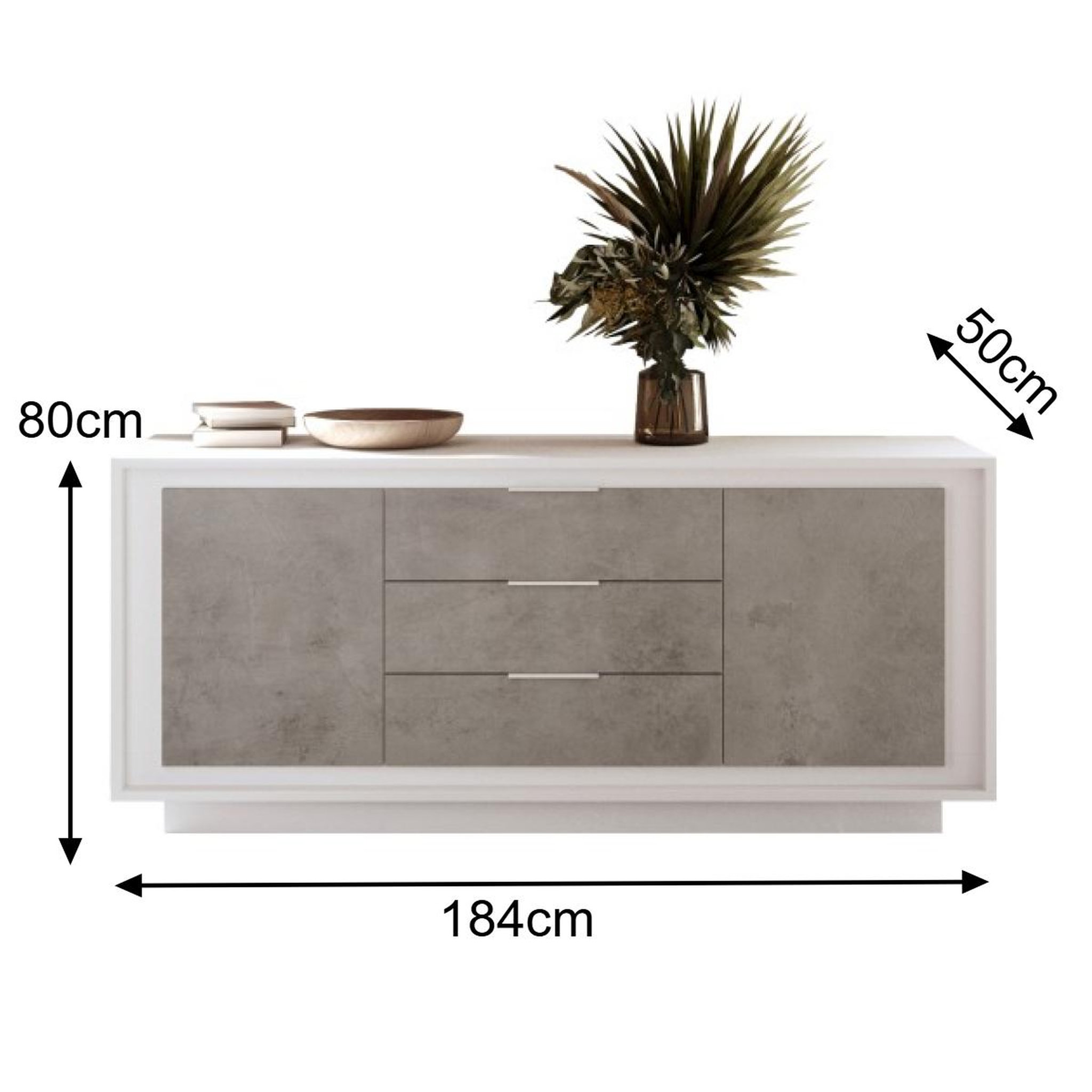 Voir la diapositive 6 : JLC KREATION Buffet bas blanc et gris béton 2 portes-3 tiroirs 180cm yori
