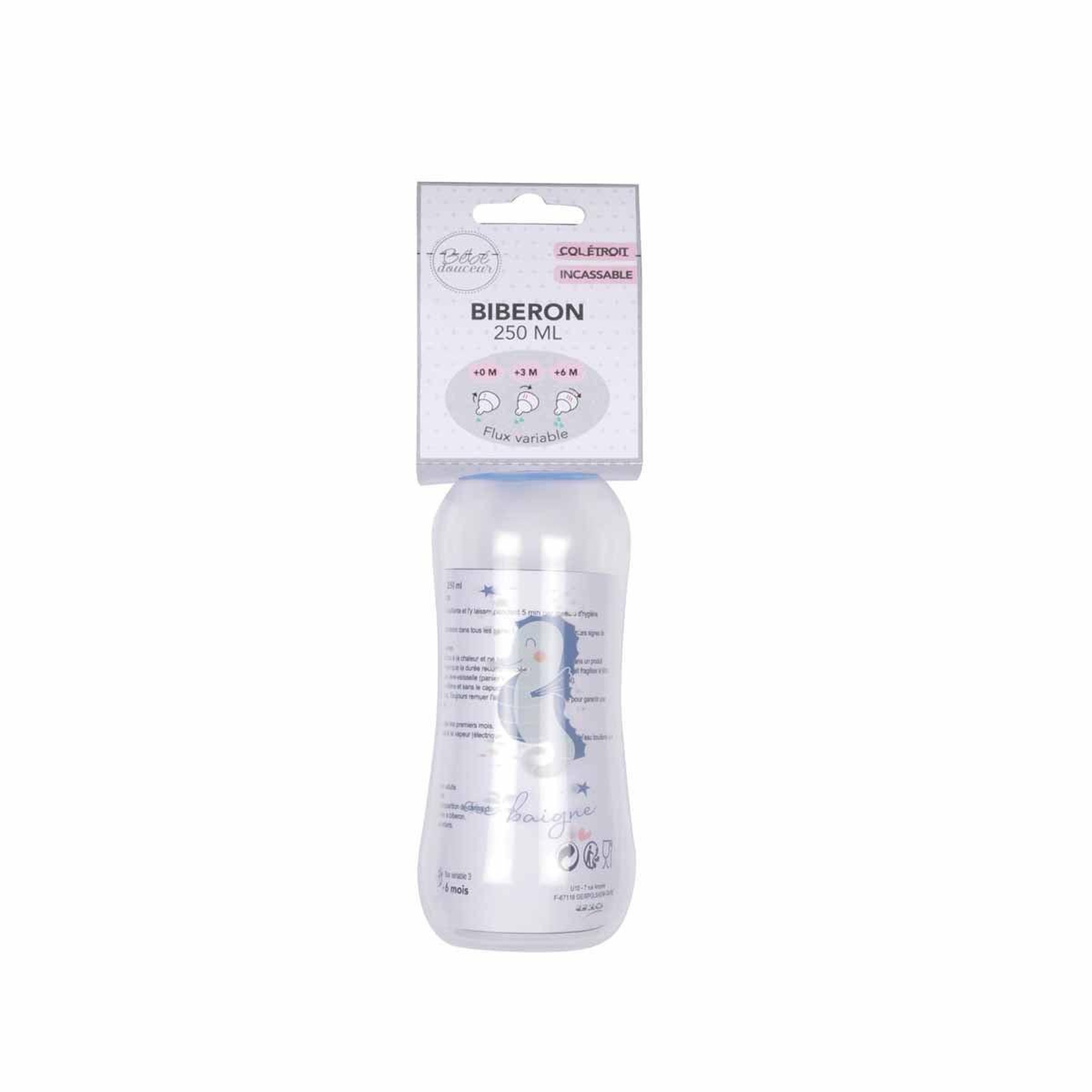 Voir la diapositive 2 : BEBE DOUCEUR Biberon Col Étroit  Hippocampe Océan  250ml Bleu