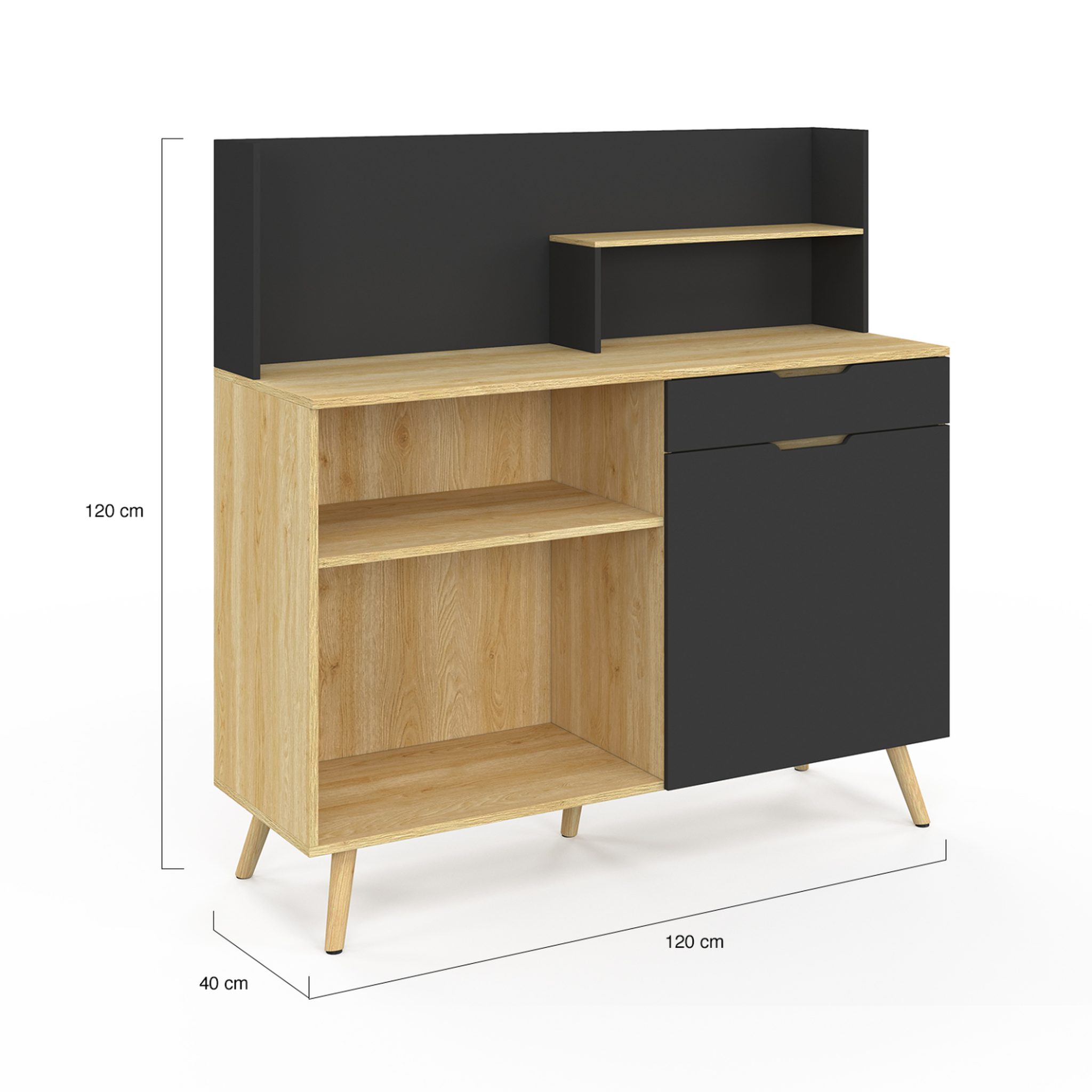 Voir la diapositive 5 : ID MARKET Buffet bas de cuisine 120 cm olaf plan de travail h.83 cm 1 porte + 1 tiroir façon hêtre et noir