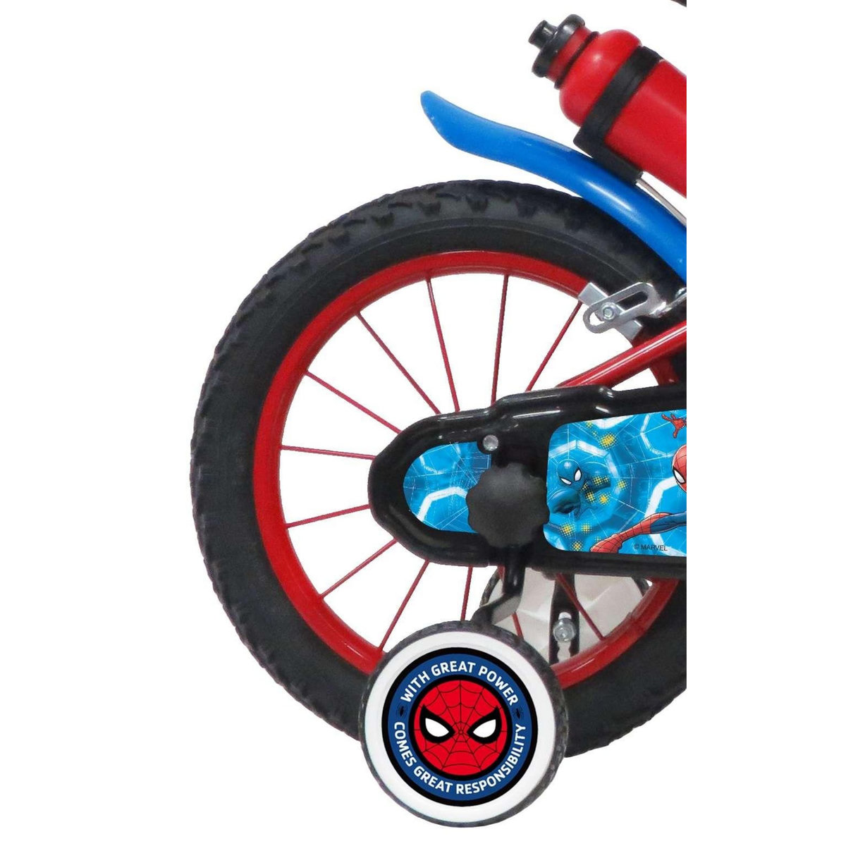 Marvel Vélo enfant - Modèle 14'' Spiderman + Casque - Pour enfant de 95 à 110 cm avec stabilisateurs - Plaque décorative avant - Bidon arrière & 2 freins.